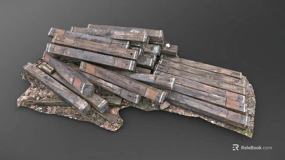 Rustic Natural Stone and Weathered Wood Stacked with Metal Fasteners on Earthy Base 3d model 