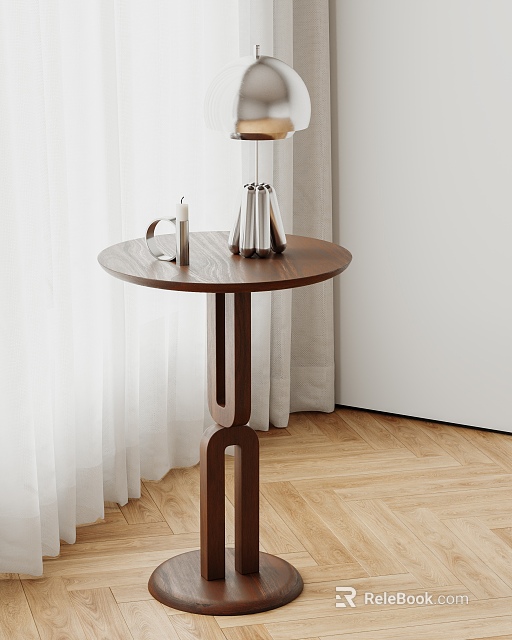 Modern Wooden Round Side Table In Room With Curtains And Parquet Floor 3d model 