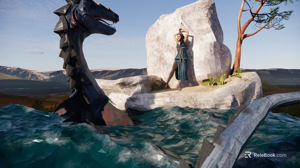 Game Movie Female Character Standing on Rock With Black Dragon and Ocean Waves 3d model 