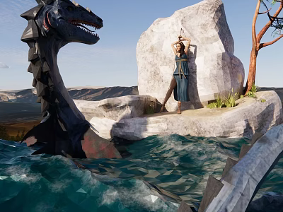 Game Movie Female Character Standing on Rock With Black Dragon and Ocean Waves 3d model