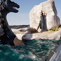 Game Movie Female Character Standing on Rock With Black Dragon and Ocean Waves