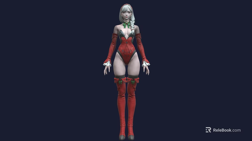 Woman With Silver White Hair Wearing Red Bodysuit Red Thigh High Boots And Green Decorations 3d model 