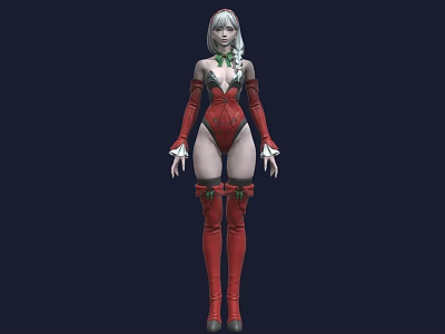 Woman With Silver White Hair Wearing Red Bodysuit Red Thigh High Boots And Green Decorations 3d model