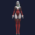 Woman With Silver White Hair Wearing Red Bodysuit Red Thigh High Boots And Green Decorations