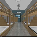 Simple Dormitory Room Interior With Wooden Bunk Beds White Walls And Ceiling Fans