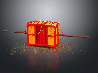 Traditional Red And Yellow Sedan Chair With Decorative Chains And Scattered Leaves 3d model