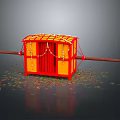 Traditional Red And Yellow Sedan Chair With Decorative Chains And Scattered Leaves