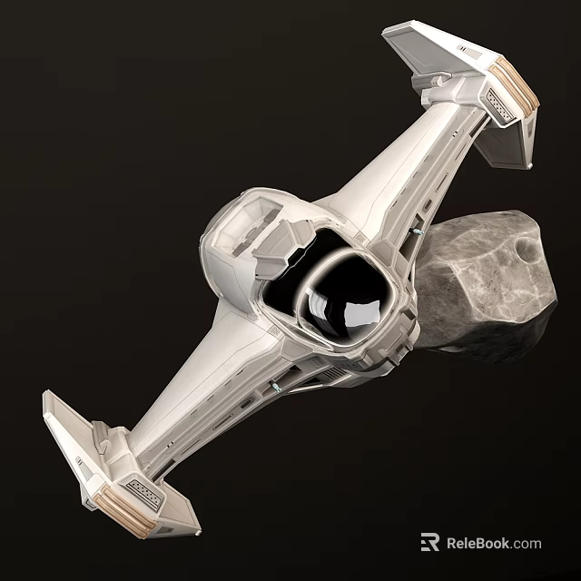 Futuristic Silver Spaceship Sculpture With Rock Base And Metallic Details 3d model 