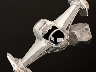 Futuristic Silver Spaceship Sculpture With Rock Base And Metallic Details 3d model