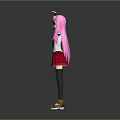 Game Movie Character With Pink Long Hair White Top Red Skirt Black Stockings And Yellow Shoes