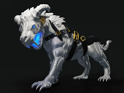 Silver Horned Beast Game Character with Blue Glowing Eyes and Black Gold Harness 3d model