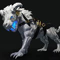 Silver Horned Beast Game Character with Blue Glowing Eyes and Black Gold Harness