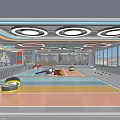 Modern Indoor Activity Space With Curved Ceiling Light Strips Climbing Wall And Colorful Floor