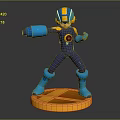 3D Robot Model With Blue Yellow Armor Helmet Red Emblem Weapon Device On Orange Base 3d model