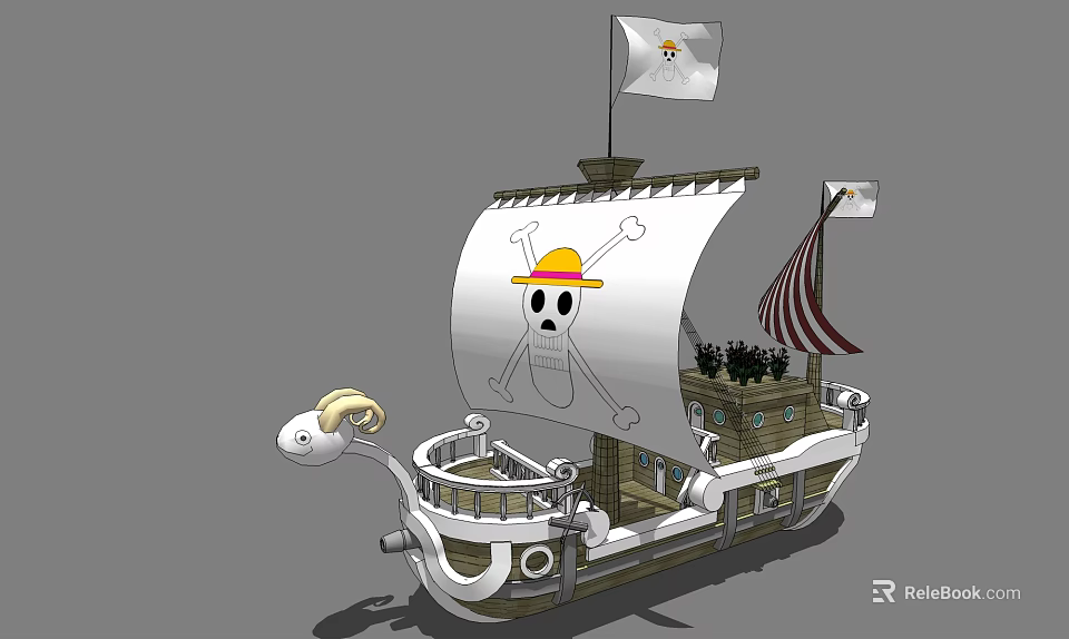Wooden Ship Featuring Skull Flag Yellow Figurehead And Decorative White Sails 3d model 