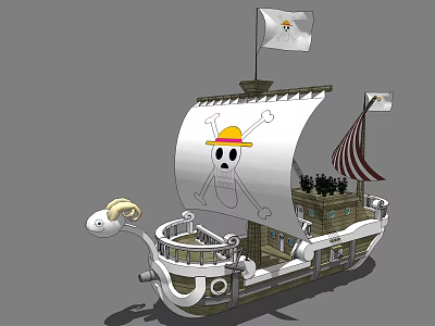Wooden Ship Featuring Skull Flag Yellow Figurehead And Decorative White Sails 3d model
