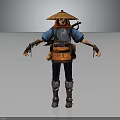 Traditional Warrior Character In Blue Top With Conical Hat Orange Belt And Sword Pouches