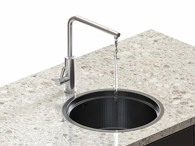 Stainless Steel Kitchen Sink With Modern Faucet And Water Flowing On Granite Countertop 3d model