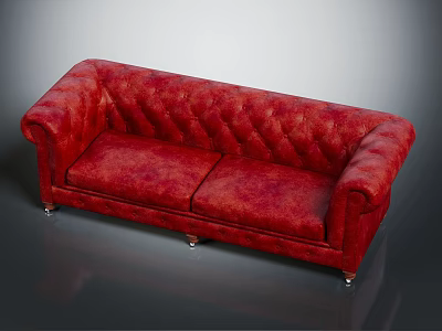 Vintage Style Red Leather Sofa With Tufted Design And Metal Legs 3d model