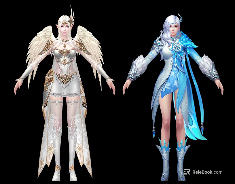 Game and Movie Characters in White Golden Angelic and Blue Ice Themed Outfits with Wings 3d model 