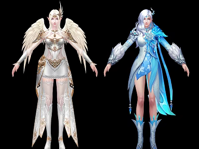 Game and Movie Characters in White Golden Angelic and Blue Ice Themed Outfits with Wings 3d model