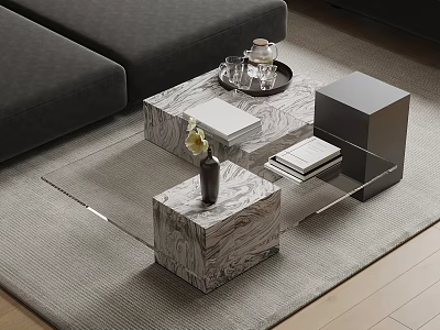 Modern Marble Coffee Table With Composite Design Glass Elements And Decorative Vase In Living Room 3d model