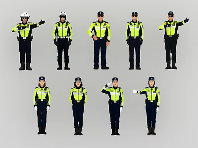 Multiple Police Officers In Reflective Uniforms With Various Hand Gestures And Standing Poses 3d model
