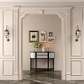 Elegant Interior Decorative Components Featuring Wall Lanterns Framed Artworks And Wooden Console Table 3d model