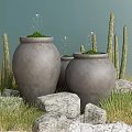 Beautiful Courtyard Garden With Gray Pots Water Fountains Cacti Rocks And Grass