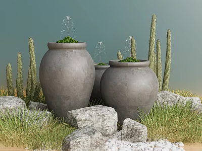 Beautiful Courtyard Garden With Gray Pots Water Fountains Cacti Rocks And Grass 3d model