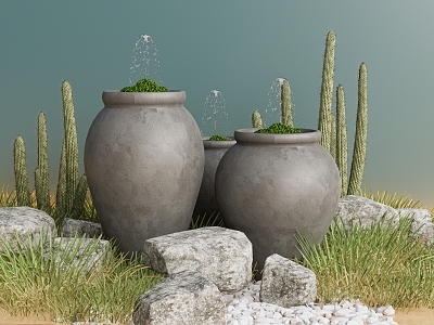 New Chinese Style Water Landscape Pot Fountain Courtyard Sick Potted Water Tank 3d model