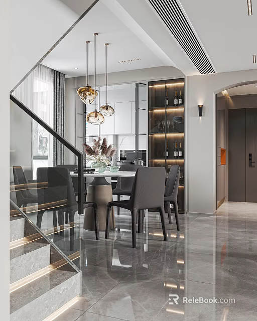 Duplex Living Room Interior With Glass Staircase Dining Area Golden Pendant Lights And Gray Floor 3d model 
