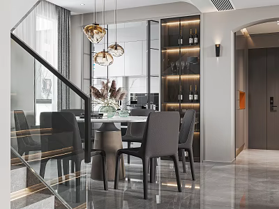 Duplex Living Room Interior With Glass Staircase Dining Area Golden Pendant Lights And Gray Floor 3d model