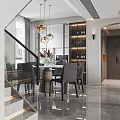 Duplex Living Room Interior With Glass Staircase Dining Area Golden Pendant Lights And Gray Floor