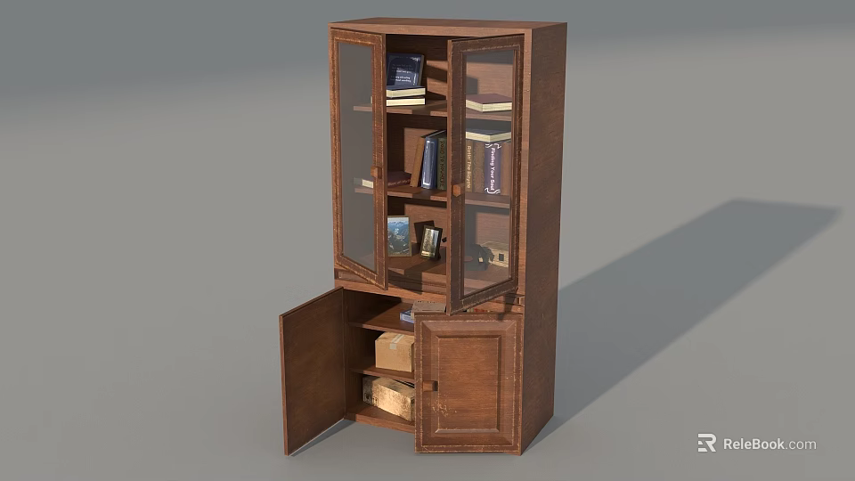 Wooden Curio Cabinet With Glass Doors Open Lower Cabinet Showcasing Books And Decorative Items 3d model 
