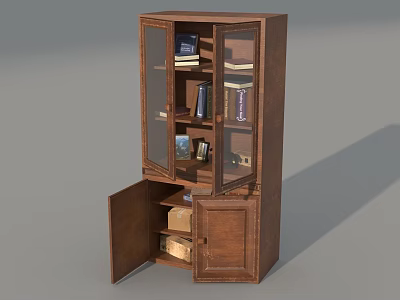 Wooden Curio Cabinet With Glass Doors Open Lower Cabinet Showcasing Books And Decorative Items 3d model