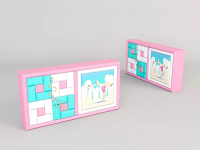 Pink Framed Storage Cabinets With Blue Pink Squares And Decorative Paintings White Figures Sky Background 3d model
