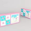 Pink Framed Storage Cabinets With Blue Pink Squares And Decorative Paintings White Figures Sky Background