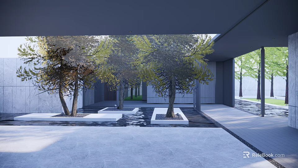 Modern Residential Landscape With Trees Stone Pavement And Modern Architecture Courtyard Design 3d model 