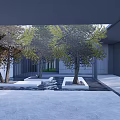 Modern Residential Landscape With Trees Stone Pavement And Modern Architecture Courtyard Design
