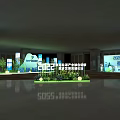 Green Development Exhibition Area with Valley Mountain Decor Blue Columns and Green Plants