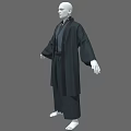 Men's Traditional Black Kimono Style Robe with Wide Sleeves Obi Belt and Pleated Hem