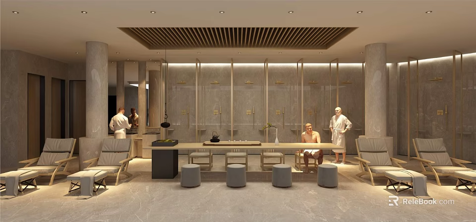 SPA Sauna Interior Design With Relaxation Seating Marble Walls And Wooden Ceiling 3d model 