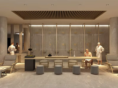 SPA Sauna Interior Design With Relaxation Seating Marble Walls And Wooden Ceiling 3d model
