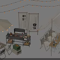 Garden Outdoor Decor Setup Featuring Tent Foldable Tables Chairs Grill String Lights And Japanese Scrolls