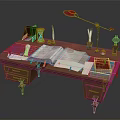 Wooden Writing Desk With Open Book Table Lamp Hourglass And Stationery Items