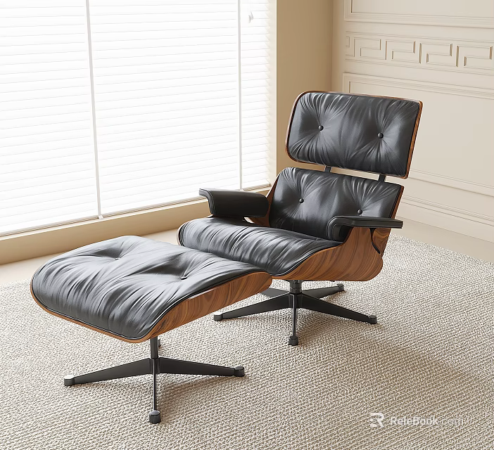 Modern Leather Lounge Chair With Ottoman In Bright Room By Window 3d model 