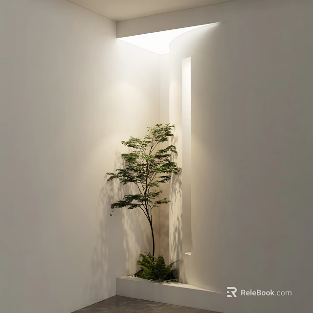 White Wall Corner With Green Plant And Soft Lighting Effects 3d model