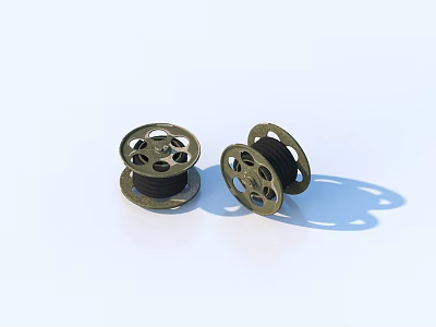 Two Black Metal Spools With Holes On White Background And Shadows 3d model