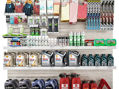 Neatly Arranged Retail Display Shelves Holding Cleaning Products Tools And Lubricant Bottles 3d model